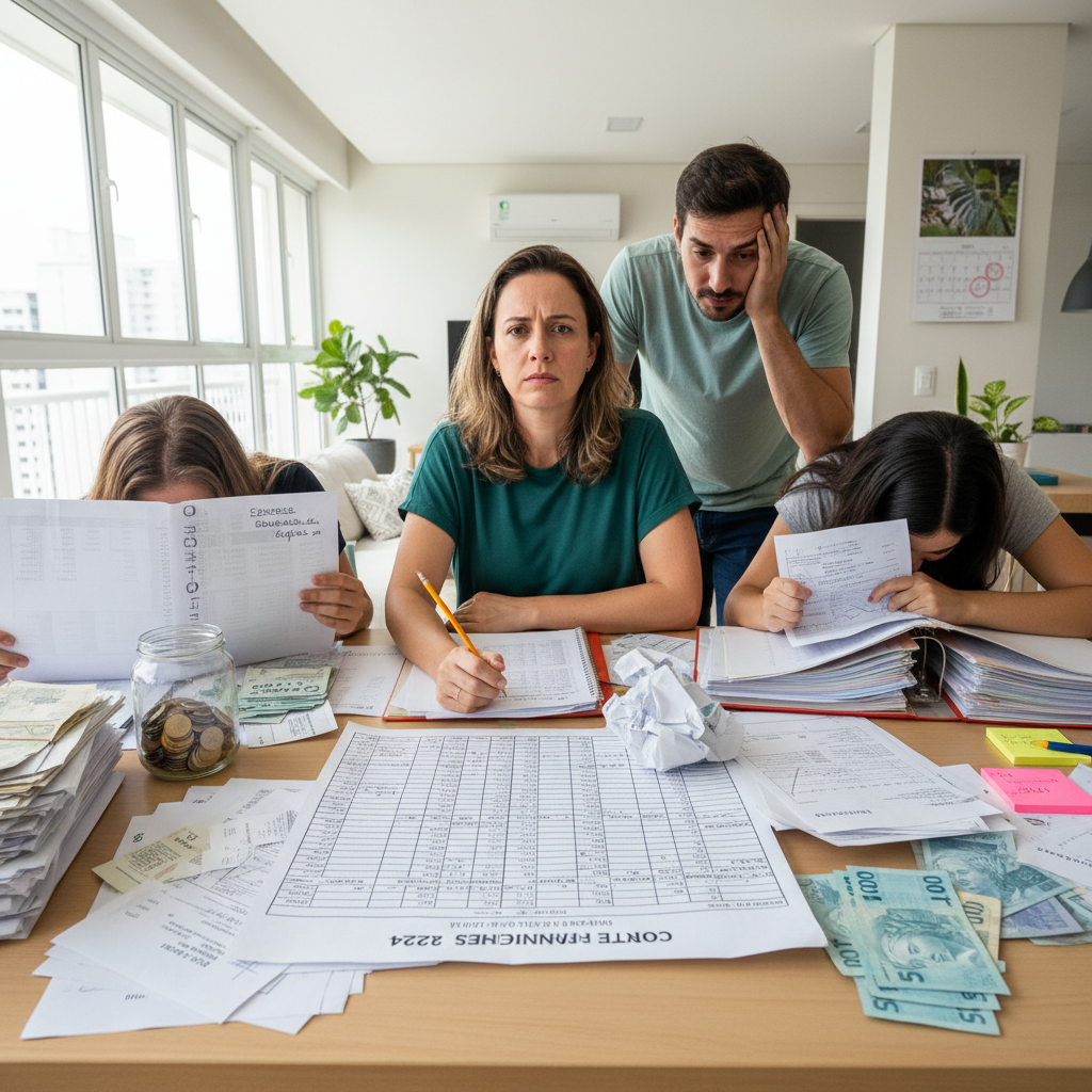 Pessoa frustrada com planilha complexa buscando controle financeiro pessoal online gratuito