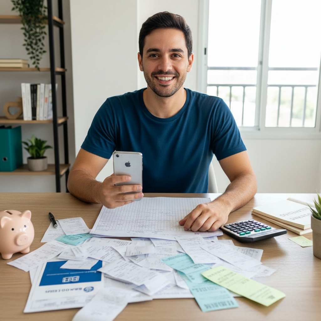 Pessoa frustrada com planilha de gastos comparando com gerenciamento financeiro bb