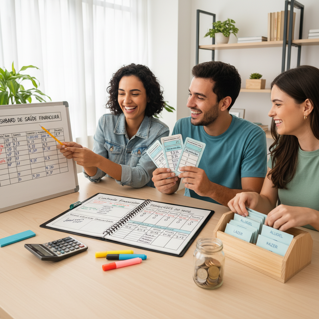 Dashboard de saúde financeira intuitivo com gráficos de pizza e indicadores de desempenho