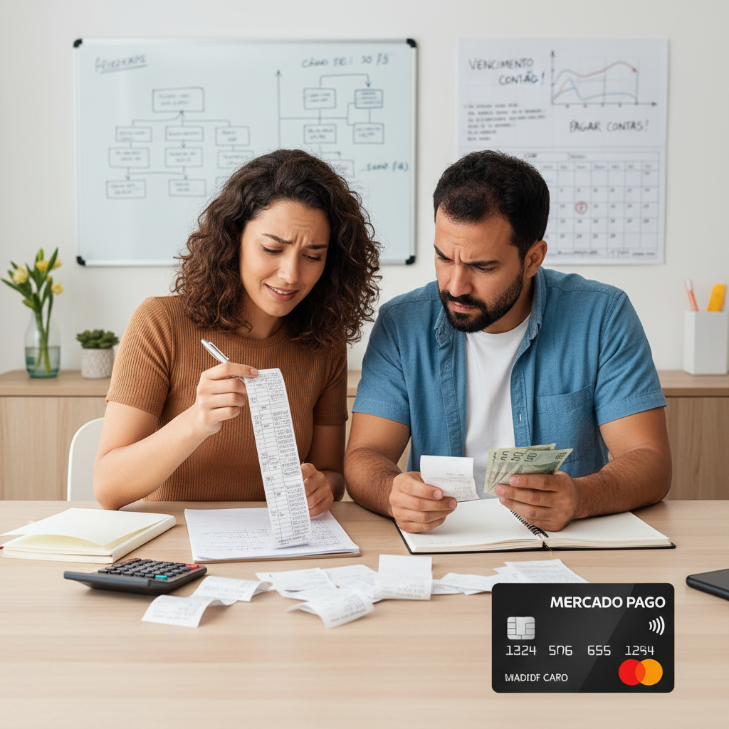 Pessoa frustrada tentando conciliar gastos do cartão de crédito mercado pago em uma planilha