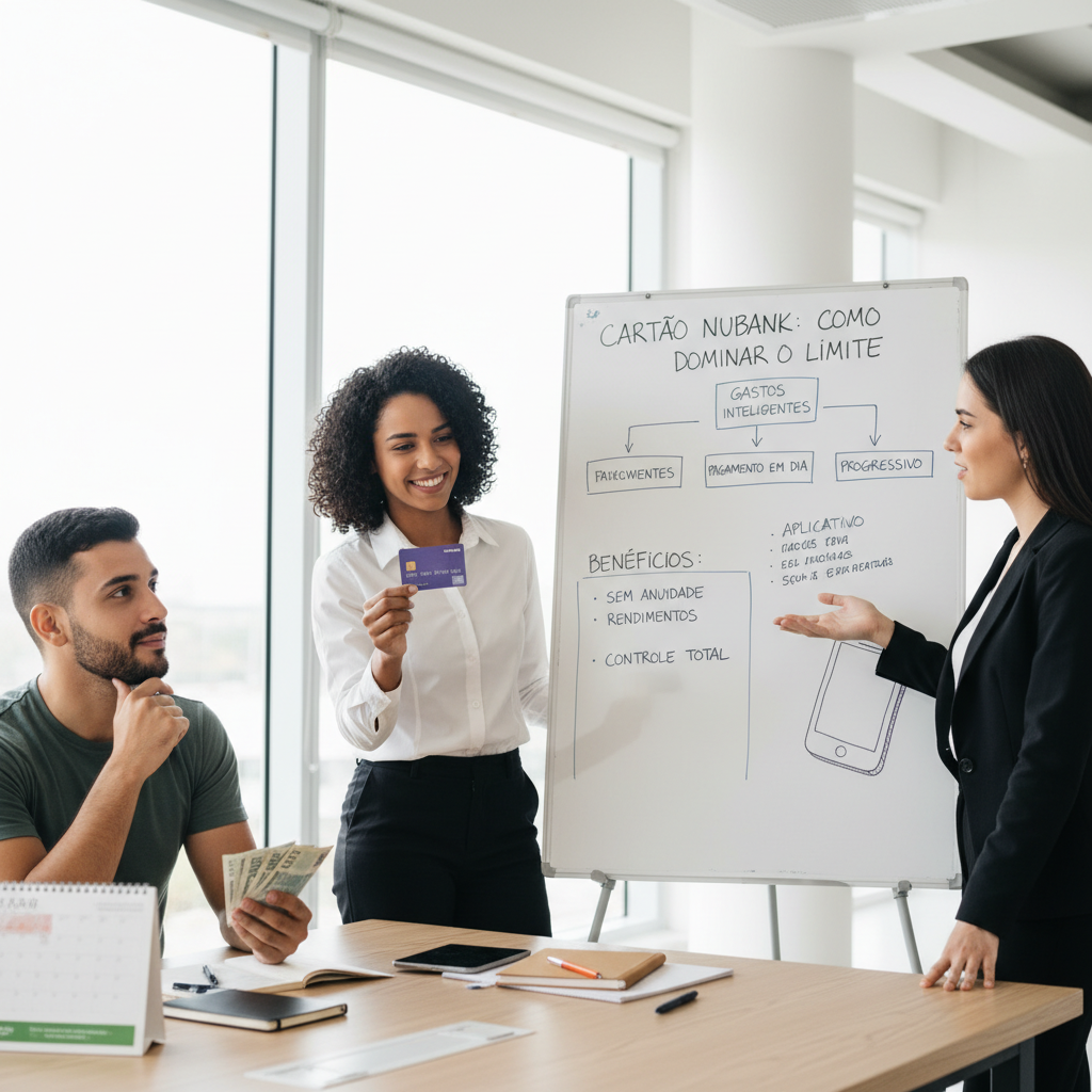 Mão segurando o cartão de crédito Nubank e usando o aplicativo para ajuste de limite