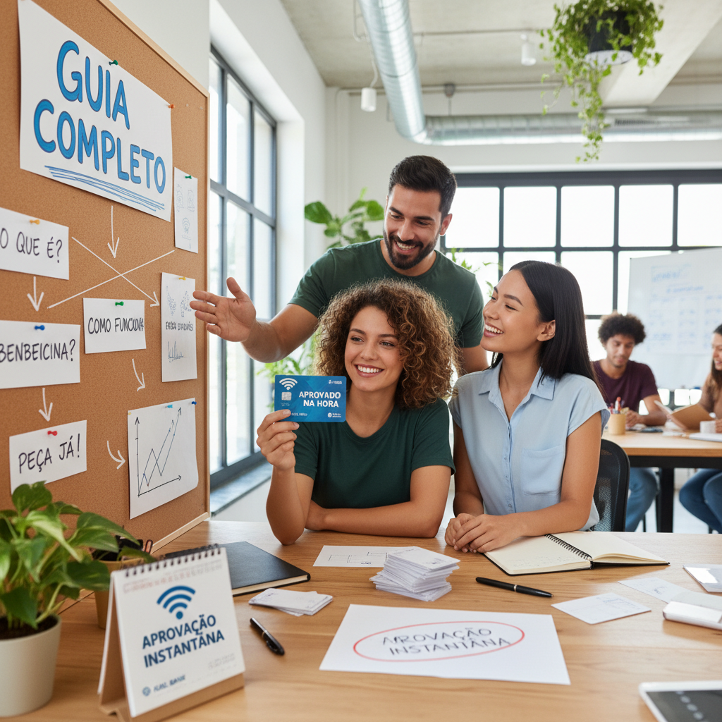 Ilustração de um smartphone processando um cartão de crédito online aprovado na hora com rapidez