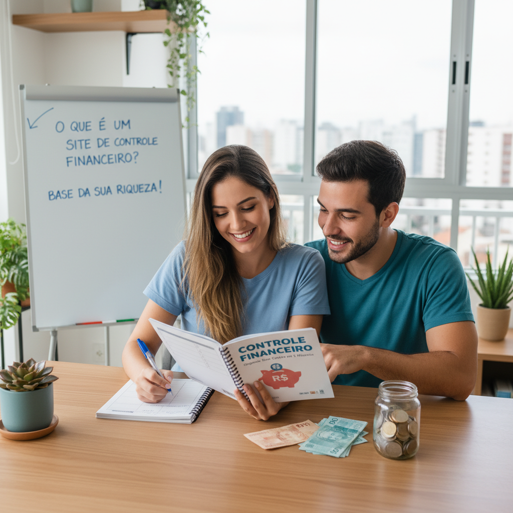Plataforma de controle financeiro site exibindo gráficos e métricas de crescimento patrimonial