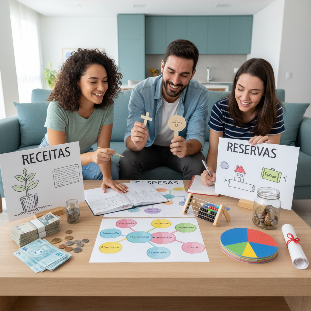 Gráfico representando os pilares do controle financeiro online pessoal: receitas, despesas e reservas