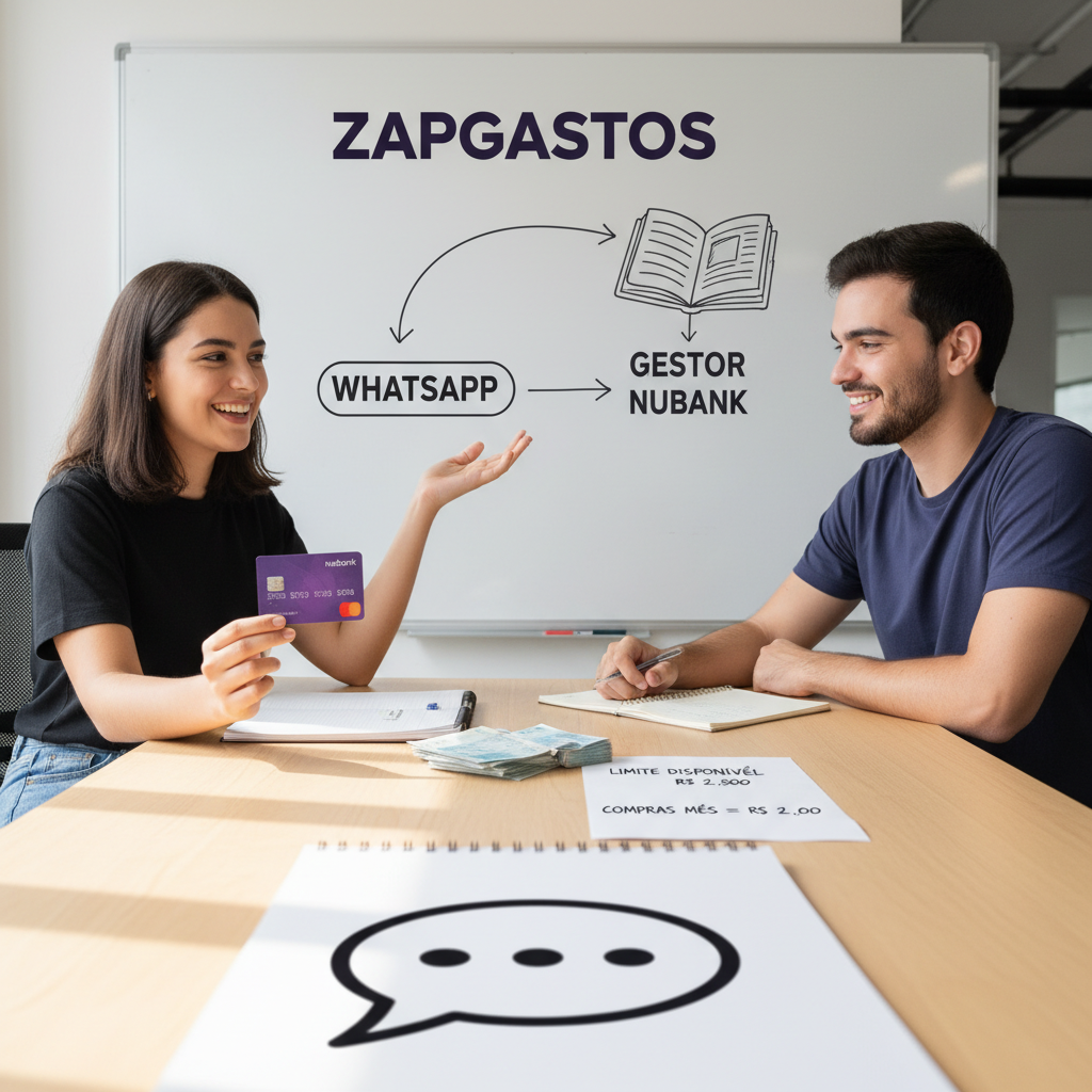 Interface do ZapGastos no WhatsApp mostrando o registro rápido de uma compra com o cartão Nubank