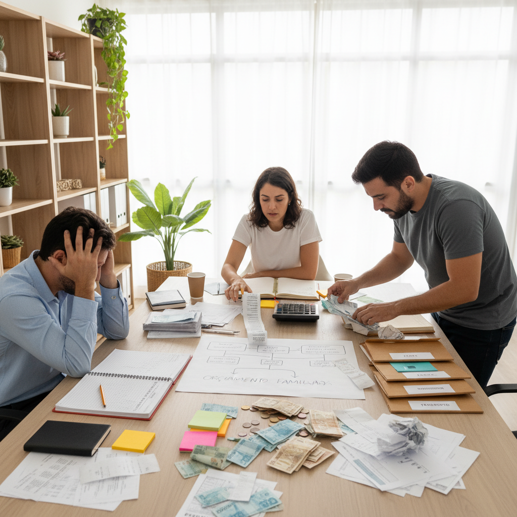 Pessoa frustrada com planilha de controle de gastos no Excel e falta de tempo