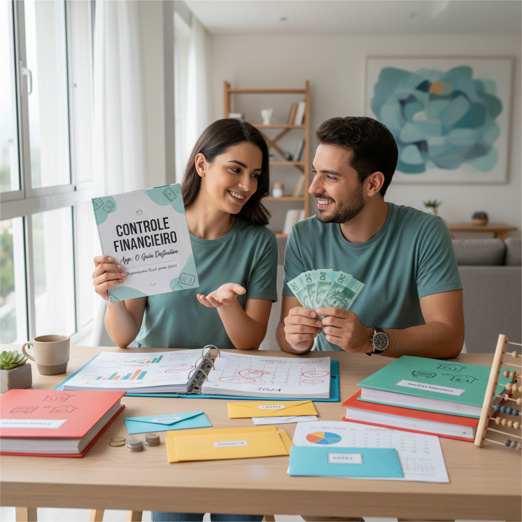 Homem usando controle financeiro app no celular para organizar despesas mensais
