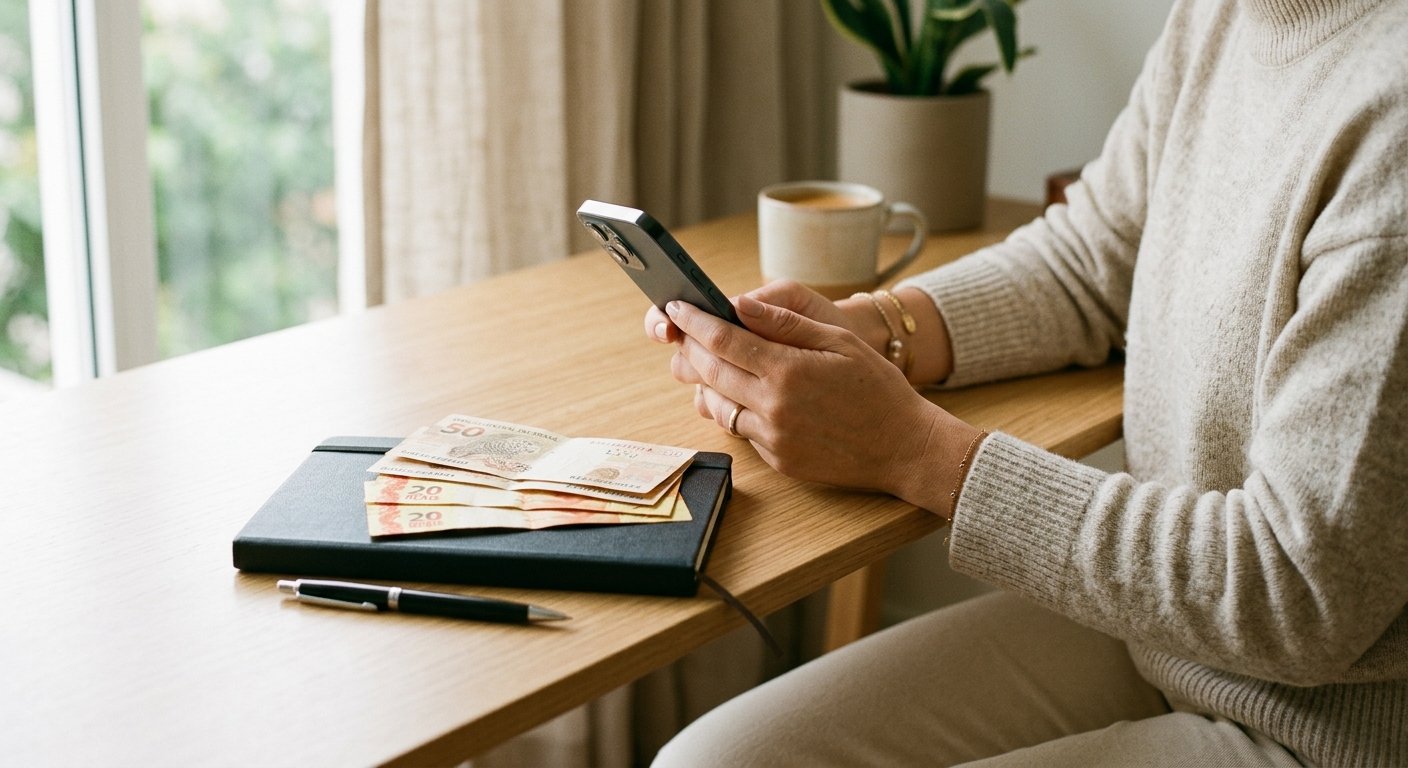 Pessoa usando assistente financeiro virtual no WhatsApp para organizar conta