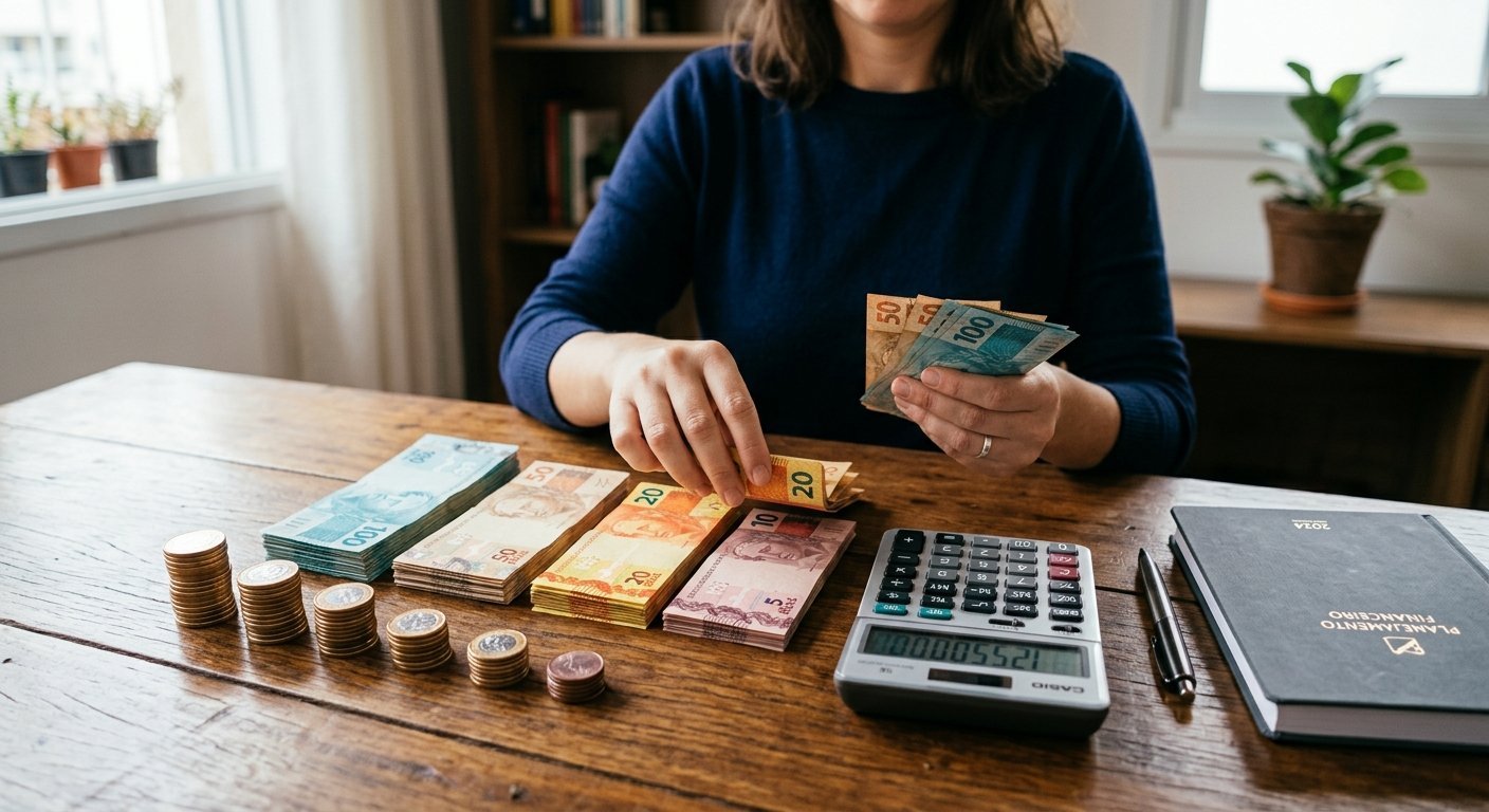 Como Guardar Dinheiro: 7 Métodos e o Erro Que Trava Todos Pessoa contando notas e moedas ao aplicar métodos de como guardar dinheiro