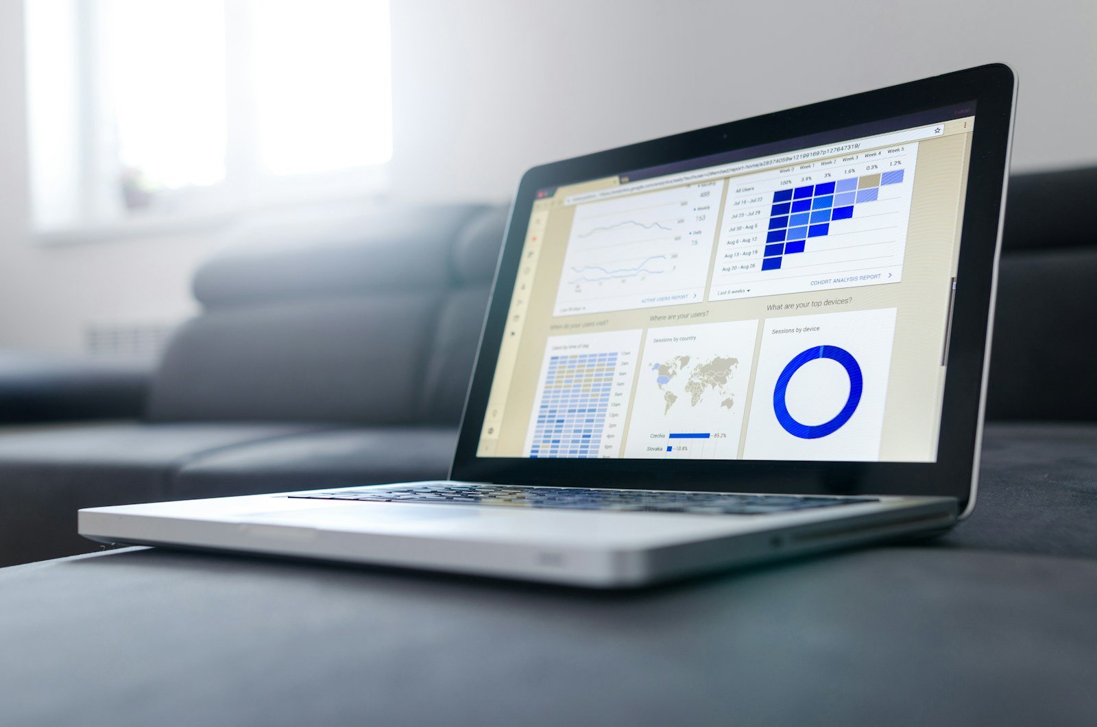 Notebook aberto sobre mesa com tela mostrando dashboard financeiro e relatórios de planilha