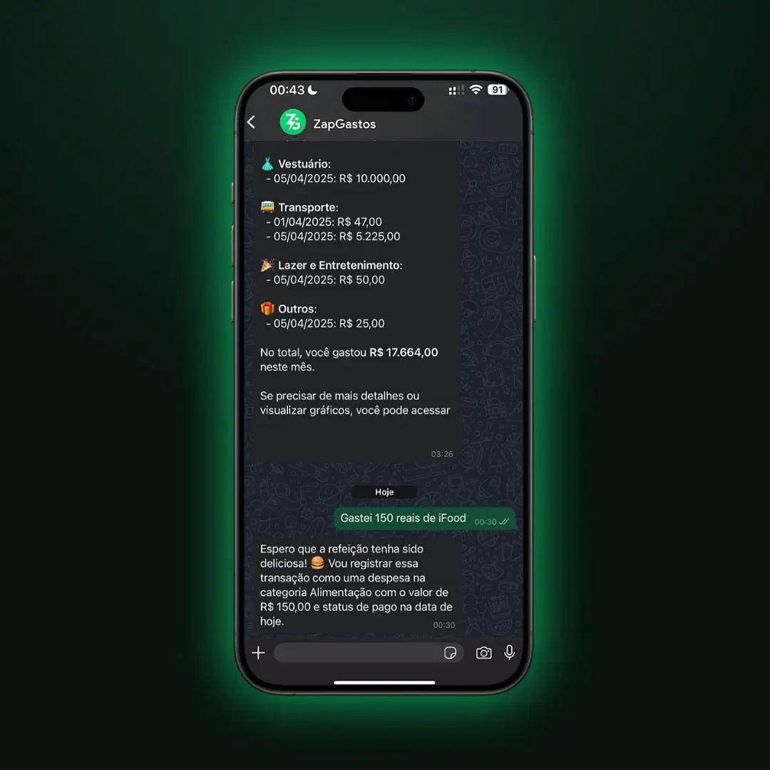 Demonstração do assistente financeiro ZapGastos no WhatsApp