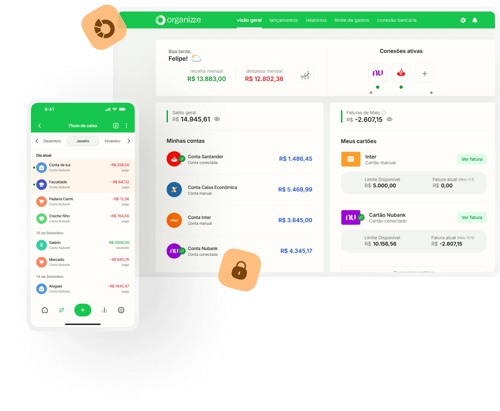 Interface do aplicativo de controle financeiro Organizze