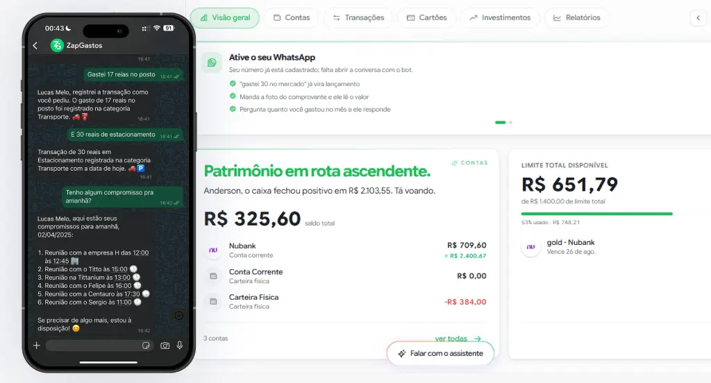 Interface do assistente financeiro ZapGastos no WhatsApp com IA