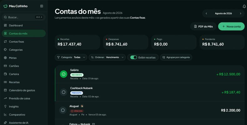ZapGastos ou Meu Cofrinho: Qual é Melhor para Controlar suas Finanças? Interface do aplicativo de controle financeiro Meu Cofrinho