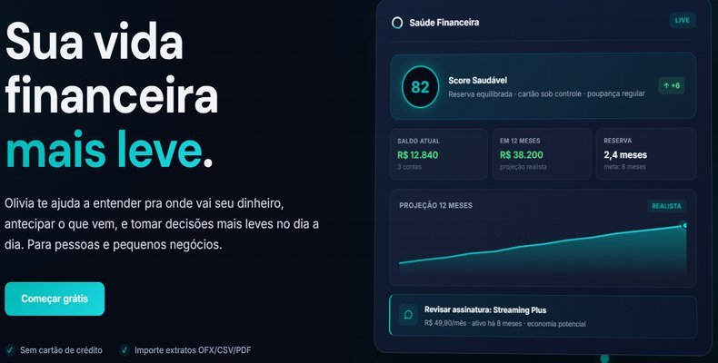 Interface do aplicativo de controle financeiro Olivia